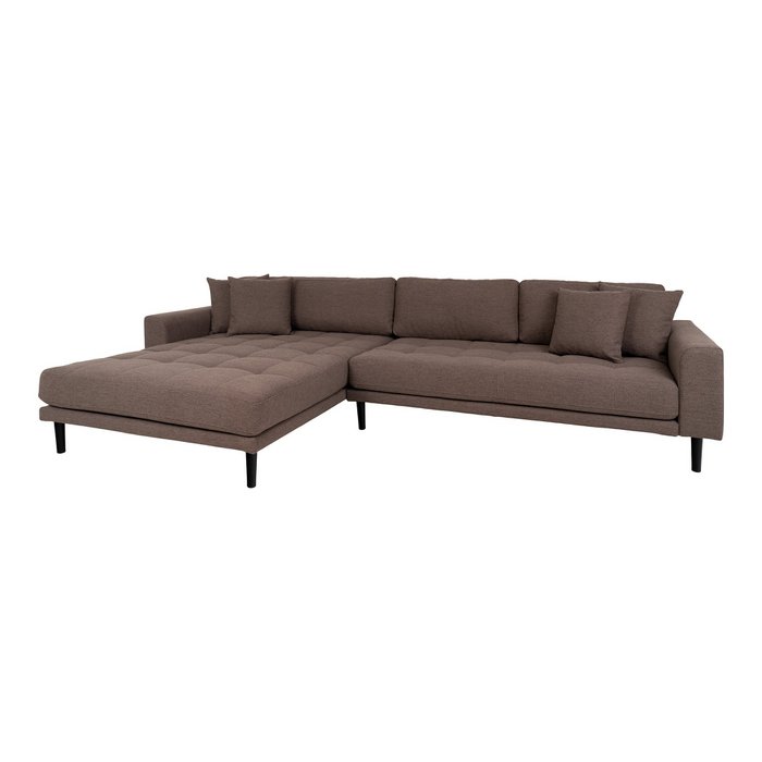 Lido Lounge Sofa – Lounge Sofa, linksseitig in Braun mit vier Kissen und schwarzen Holzbeinen