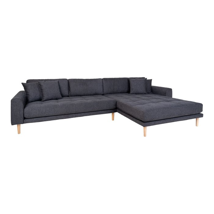 Lido Lounge Sofa – Lounge Sofa, nach rechts ausgerichtet in Dunkelgrau mit vier Kissen und Beinen aus Naturholz