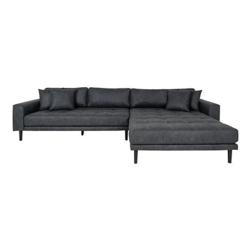 Lido Lounge Sofa – Lido Lounge Sofa, nach rechts ausgerichtet, aus dunkelgrauer Mikrofaser mit vier Kissen und Beinen aus Naturholz