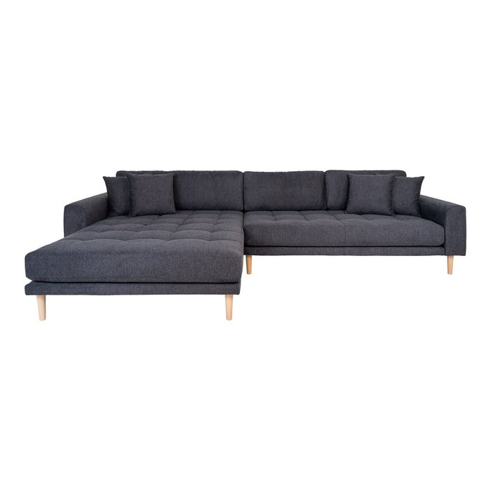 Lido Lounge Sofa – Lounge Sofa, linksgerichtet in Dunkelgrau mit vier Kissen und Beinen aus Naturholz