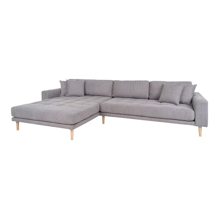 Lido Lounge Sofa – Lounge Sofa, linksseitig in Hellgrau mit vier Kissen und Beinen aus Naturholz