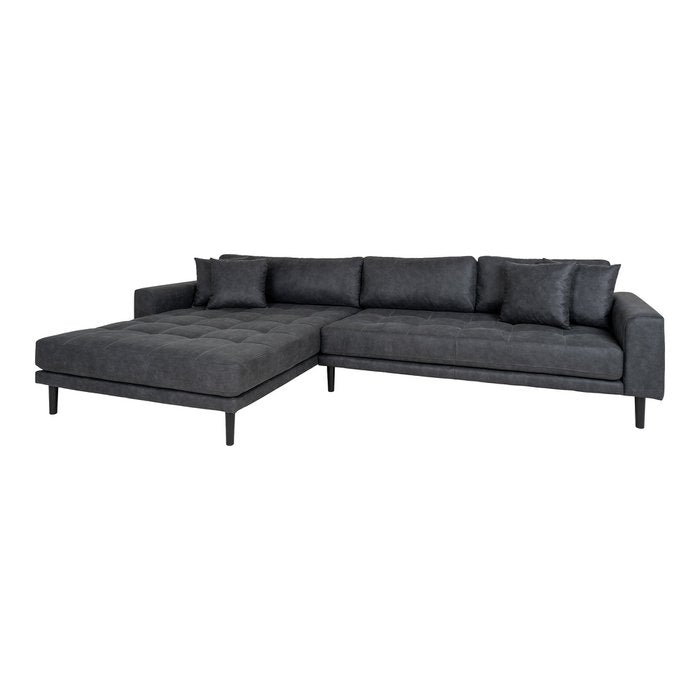 Lido Lounge Sofa – Lounge Sofa, nach links gerichtet, aus dunkelgrauer Mikrofaser mit vier Kissen und Beinen aus Naturholz