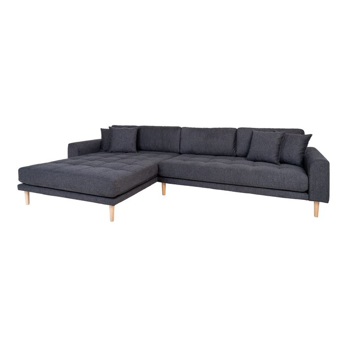 Lido Lounge Sofa – Lounge Sofa, linksgerichtet in Dunkelgrau mit vier Kissen und Beinen aus Naturholz